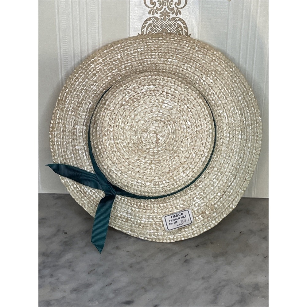 IMSCO NWT Doll Hat Neutral Woven Straw w Green Ribbon 7.5" Brim & 30 cm Head
